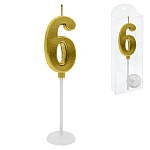 Свеча для торта цифра " KWELT " 6, золото, 2*4*0,5см, на палочке с подставкой, пластиковая упаковка 9,5*3*1см, европодвес