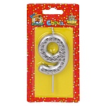 Свеча для торта цифра " Миленд " 9, серебряная, 14*6,5*1см, картонный блистер, европодвес