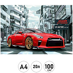 Альбом А4 20л " Проф-Пресс " Красное авто в городе, на скобе, обложка- мелованный картон, блок- офсет 100г/м2, лен, 1 дизайн в спайке