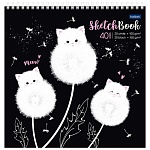 Скетчбук, 2 типа бумага (20л черная 200г/м2, 20л белая 100г/м2), 240*240мм, 40л, спираль сверху, без линовки, обложка - мелованный картон, жесткая подложка, " Hatber " Одуванчиковые коты