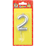 Свеча для торта цифра " Миленд " 2, серебряная, 16*7,3*0,5см, картонный блистер, европодвес