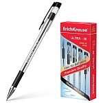Ручка шариковая " Erich Krause " Ultra-30 черная 0,7мм, толщина письма 0,26мм, резиновый держатель, игольчатый пишущий узел, металлический наконечник, прозрачный корпус, картонная упаковка