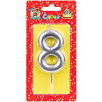 Свеча для торта цифра " Миленд " 8, серебряная, 14*6,5*1см, картонный блистер, европодвес