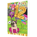 Открытка " Мир открыток " 2-01 Детская- С Др! 12лет Мопс, 123*187мм, фольга, рельеф, текст