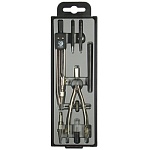 Готовальня 7 предметов: циркуль металлический 12,5см, ручка для рейсфедера, рейсфедерная вставка, игольная вставка, кронциркуль, насадка с универсальным держателем, запасной грифель, пластиковый футляр, европодвес " Глобус "