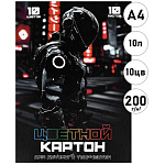 Картон цветной А4 мелованный, золото+серебро, 10л 10цв " Феникс " Гонщик в шлеме, 200г/м2, склейка