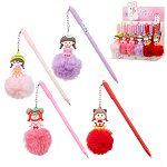 Ручка шариковая " Basir " Девочка Пушистик синяя 0,5мм, цветной пластиковый корпус-ассорти, колпачок со съёмным брелоком, 9см