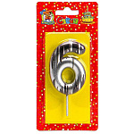 Свеча для торта цифра " Миленд " Шебби шик 6, серебряная, 14*6,5*1см, картонный блистер, европодвес