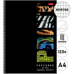 Тетрадь спираль А4 120л клетка " Hatber " Animals print, офсет, обложка - мелованный картон, ламинация soft-touch, перфорация, 4 цветных разделителя, индивидуальная упаковка