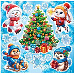 Наклейки " Мир открыток " 8-38 Новогодние- Елка, игрушки, зверушки, 330*335мм