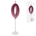 Свеча для торта цифра " KWELT " 0, темно-розовая, 2*4*0,5см, на палочке с подставкой, пластиковая упаковка 9,5*3*1см, европодвес