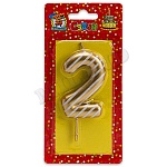 Свеча для торта цифра " Миленд " 2, золотая в полоску, 14*6,5*1см, картонный блистер, европодвес