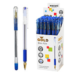 Ручка шариковая " Mazari " Gold синяя 0,5мм, толщина письма 0,4мм, пулевидный пишущий узел, пластиковый прозрачный корпус, резиновый грип, сменный стержень 140мм, картонная упаковка