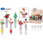 Ручка шариковая автоматическая Мини " Basir " Новогодняя, 4цв, 0,5мм, ассорти, прорезиненный наконечник фигурка- Дед Мороз, ёлка, сапог, снеговик, олененок, сани, цветной корпус с рисунком, в картонном дисплее