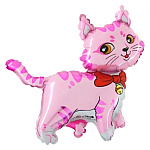 Шар фольгированный фигурный 13"/33см Кошечка с бантом розовая, крепится с помощью розетки на палочку (в комплект не входят)