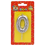 Свеча для торта цифра " Миленд " 0, серебряная, 14*6,5*1см, картонный блистер, европодвес