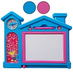 Доска " KWELT " Волшебный экран 32*27см Домик, в наборе: ручка для экрана, 2 штампика, игра, часы с двигающимися стрелками для изучения времени, ассорти (без возможности выбора цвета), пакет, европодвес