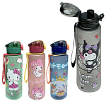 Бутылка для воды " KWELT " 700мл, Kuromi and friends, матовая, пластик, ассорти (без возможности выбора дизайна), крышка-защелка, петелька для переноски, наклейки