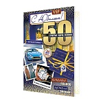 Открытка " Мир открыток " 1-46 С Юбилеем! 50лет Мужская- Машина, часы, небоскребы, 187*285мм, рельеф, блестки, пластизоль, текст