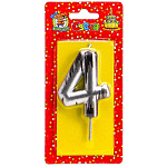 Свеча для торта цифра " Миленд " Шебби шик 4, серебряная, 14*6,5*1см, картонный блистер, европодвес