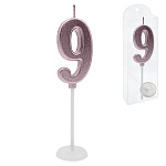 Свеча для торта цифра " KWELT " 9, светло-розовая, 2*4*0,5см, на палочке с подставкой, пластиковая упаковка 9,5*3*1см, европодвес