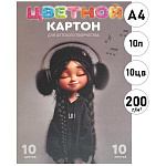 Картон цветной А4 мелованный, золото+серебро, 10л 10цв " Феникс " Девчонка в наушниках, 200г/м2, склейка