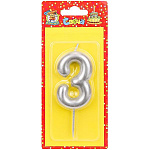 Свеча для торта цифра " Миленд " 3, серебряная, 17,5*7,1*0,9см, картонный блистер, европодвес