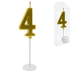 Свеча для торта цифра " KWELT " 4, золото, 2,5*4*0,5см, на палочке, пластиковая упаковка 9,5*3*1см, европодвес