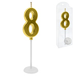 Свеча для торта цифра " KWELT " 8, золото, 2*4*0,5см, на палочке с подставкой, пластиковая упаковка 9,5*3*1см, европодвес