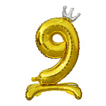 Шар фольгированный 32"/81см Цифра-9 золото на подставке Корона