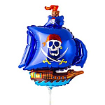 Шар фольгированный фигурный 15"/38см Корабль пиратский синий, крепится с помощью розетки на палочку (в комплект не входят)