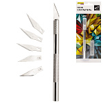 Нож-скальпель " Silwerhof " 37*9мм металлический корпус, 5 запасных лезвий в наборе, картонный блистер, европодвес