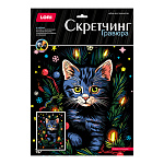 Гравюра-скретчинг " Lori " 30*40см Новогодняя. Котенок с огоньками, основа с контуром рисунка, штихель, инструкция