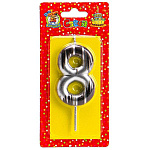 Свеча для торта цифра " Миленд " Шебби шик 8, серебряная, 14*6,5*1см, картонный блистер, европодвес