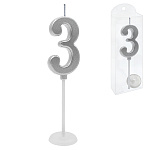 Свеча для торта цифра " KWELT " 3, серебро, 2*4*0,5см, на палочке с подставкой, пластиковая упаковка 9,5*3*1см, европодвес