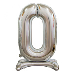 Шар фольгированный 30"/76см Цифра-0 серебро на подставке, индивидуальная упаковка