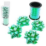 Набор для упаковки подарков: бант звезда 6см 4шт + лента 10м фактурная, зеленый, пластиковая упаковка, европодвес
