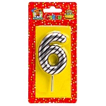 Свеча для торта цифра " Миленд " 6, серебряная в полоску, 14*6,5*1см, картонный блистер, европодвес