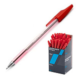Ручка шариковая " Hatber " T-34 красная 0,7мм, толщина письма 0,35мм, чернила на маслянной основе, рифленый держатель, металлизированный наконечник, прозрачный пластиковый корпус, картонная упаковка