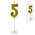 Свеча для торта цифра " KWELT " 5, золото, 4*2*0,5см, на палочке с подставкой, пластиковая упаковка 9,5*3*1см, европодвес