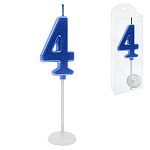 Свеча для торта цифра " KWELT " 4, синяя, 2,5*4*0,5см, на палочке с подставкой, пластиковая упаковка 9,5*3*1см, европодвес