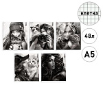 Тетрадь А5 48л клетка " Феникс " Девушка с котом, офсет, на скобе, обложка - мелованный картон, ламинация soft-touch вельвет, 5 дизайнов в спайке