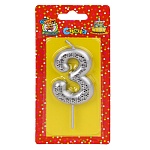 Свеча для торта цифра " Миленд " 3, серебряная, 14*6,5*1см, картонный блистер, европодвес