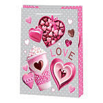 Пакет бумажный " Мир открыток " 18*22,7*10см Коробка конфет, стакан кофе, сердца, ламинированный