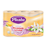 Бумага туалетная 3-слойная " Plushe " Premium Aroma Orange Blossom 6 рулонов со втулкой, 15м, персиковая, целлюлоза, 105*95мм, с перфорацией