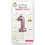 Свеча для торта цифра " KWELT " 1, розовая, 6*4*1см, на палочке, картонный блистер 14*7*1,5см, европодвес