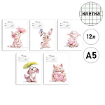 Тетрадь А5 12л клетка " Феникс " Акварельные зверушки, офсет, на скобе, обложка - мелованный картон, выборочный УФ-лак, 5 дизайнов в спайке