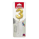 Свеча для торта цифра " KWELT " 3, золотая, 3*5*0,5см, на палочке, картонный блистер 5,7*16,5*1см, европодвес